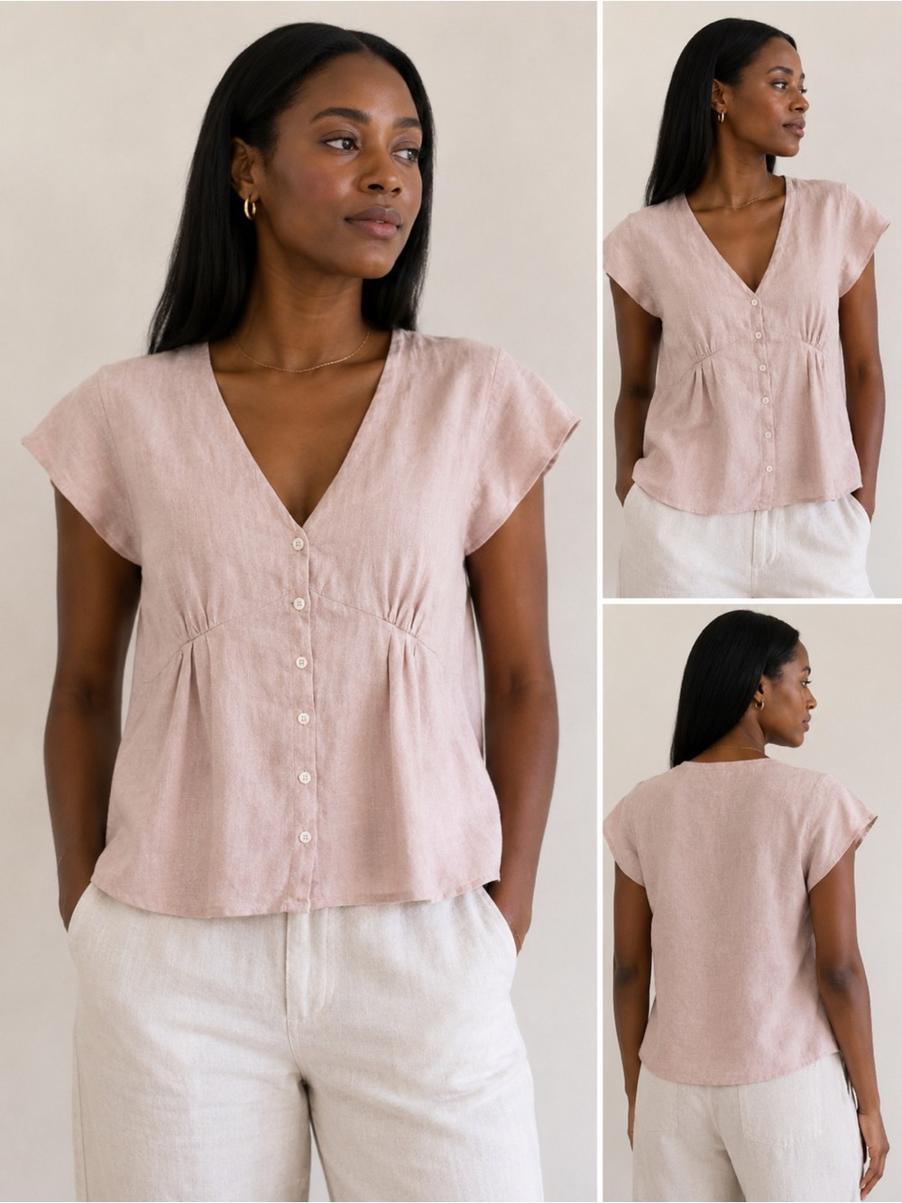 Reistor Blush Pink Linen Blend Button Front Top Size XS Blouse 100% Hemp